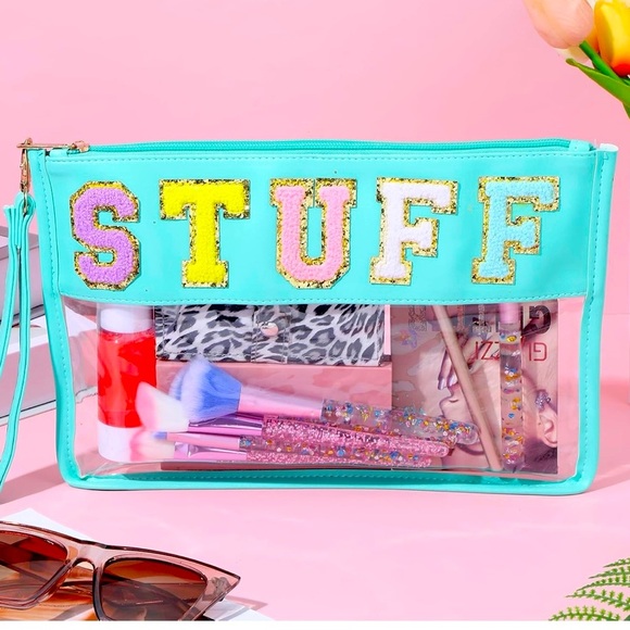 Turquoise Transparent Stuff Makeup Bag with Colorful 'STUFF' Letters - Picture 1 of 5